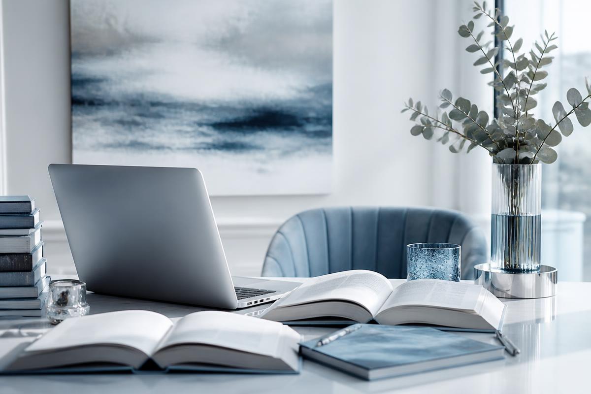 Scrivania elegante con libri aperti e laptop in una luce naturale azzurra